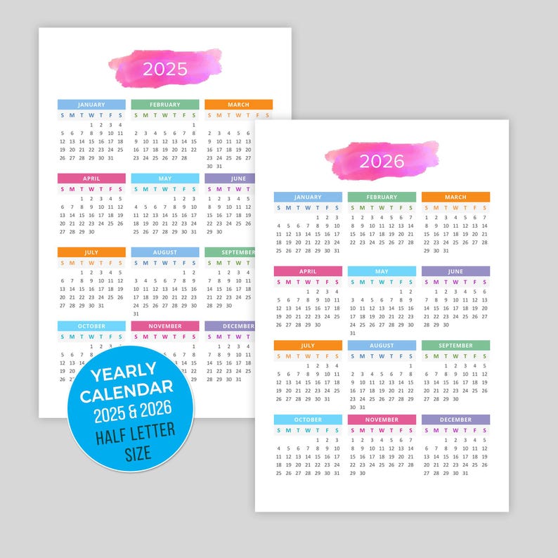 Printable Calendar 2025, 2026 Desktop Calendar, Yearly Wall Calendar