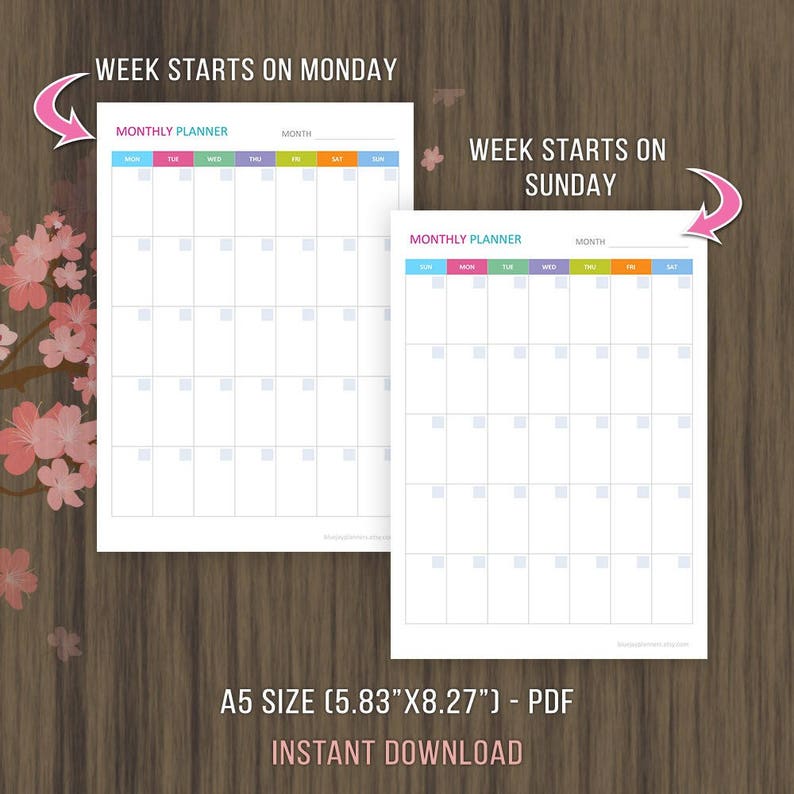 a5 undated monthly planner printable monthly calendar etsy