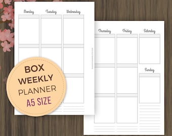 A5 Weekly Box Planner, Printable Inserts, Undated Week on 2 Pages, wo2p, A5 Filofax Inserts, Kikki K, A5 Planner Inserts, Planner Printable