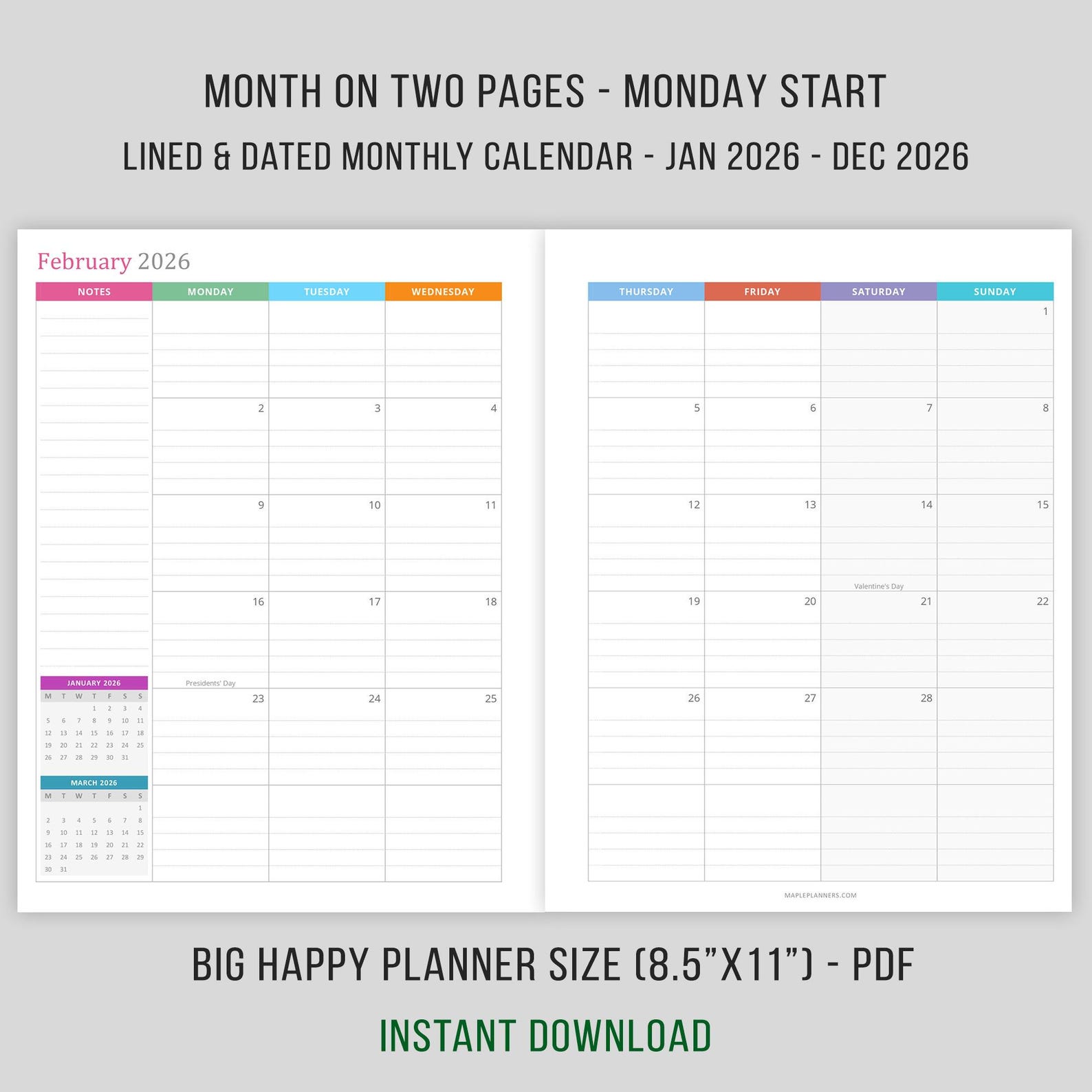 Monthly Planner 2026, Inserts Printable, Letter Size, Month on 2 Pages ...
