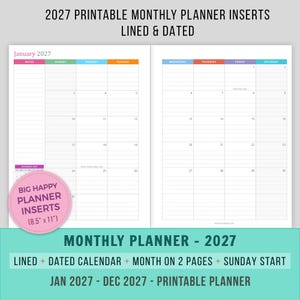 May include: A two-page spread of a 2027 monthly planner. The left page shows January 2027 with lined spaces for each day. The right page continues the month. The planner includes the text "BIG HAPPY PLANNER INSERTS (8.5" x 11")".