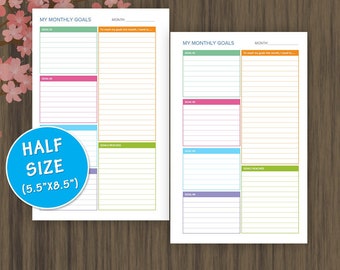 Half Letter Size Planner Inserts, Monthly Goal Tracker, Goal Planner Refills, Progress Tracker, Planner Printable, Month Goal Tracker, pdf