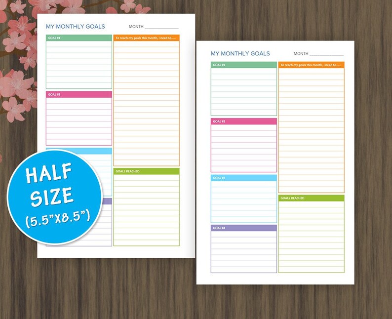 Half Letter Size Planner Inserts, Monthly Goal Tracker, Goal Planner