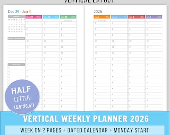 Planificateur hebdomadaire vertical 2026 encarts, encarts WO2P, agenda PDF imprimable, début du lundi, encarts demi-taille, arc junior, disque relié, 5,5 x 8,5