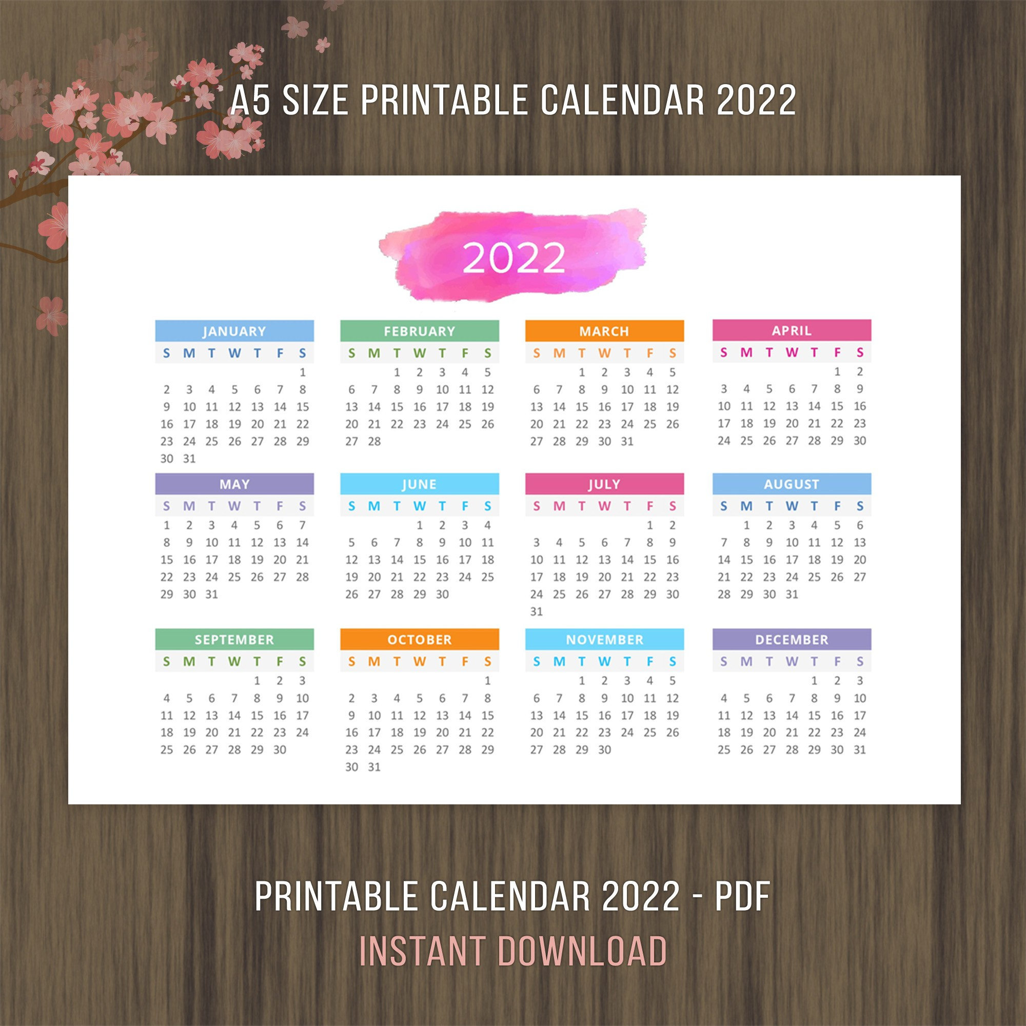 A5 Printable Calendar 2021 2022 Desktop Calendar Landscape | Etsy
