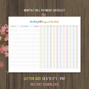 Monthly Bill Payment Checklist, Monthly Bill Tracker, Bill Payment Checklist Printable, Instant Download, Bill Payment Tracker image 2