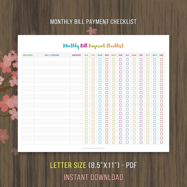 Monthly Bill Payment Checklist, Monthly Bill Tracker, Bill Payment Checklist Printable, Instant Download, Bill Payment Tracker image 2