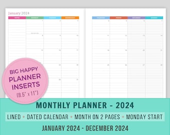 2024 Big Happy Planner Inserts, Monthly Planner Printable, Month on 2 Pages, Lined, Dated, mo2p, MAMBI, 8.5x11, Monday Start