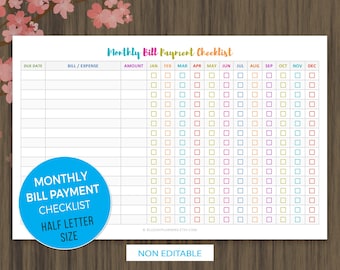 Monthly Bill Payment Checklist, Monthly Bill Tracker, Bill Payment Checklist Printable, Instant Download, Bill Payment Tracker, Half Letter
