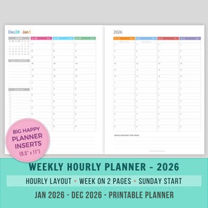 May include: Printable weekly planner with hourly layout, starting on Sunday. The planner covers January to December 2026 and is designed for 8.5 by 11 inch inserts. The planner has a colorful header with the text "Weekly Hourly Planner - 2026" and "Jan 2026 - Dec 2026 - Printable Planner".
