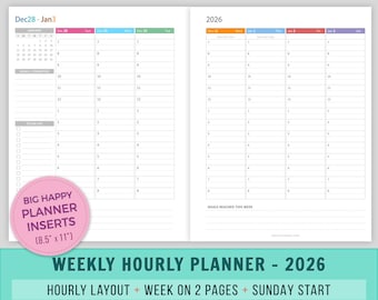 Planificador semanal vertical imprimible 2026, insertos Big Happy Planner, semana en 2 páginas, fechado con franjas horarias, WO2P, insertos MAMBI, inicio en domingo