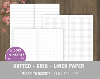 Midori TN Standard Inserts, Dotted, Grid and Lined Paper, Midori Traveler Notebook, Regular TN, Midori TN, Bullet Journal, 4.33x8.25