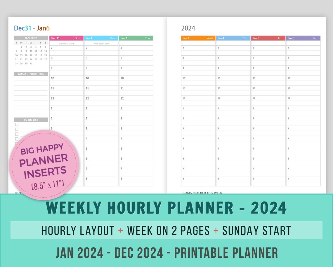 2024 Vertical Weekly Planner Printable, Big Happy Planner Inserts, Week