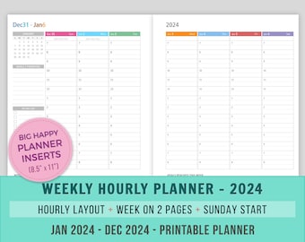 2024 Vertical Weekly Planner Printable, Big Happy Planner Inserts, Week on 2 Pages, Dated with Time Slots, WO2P, MAMBI Inserts, Sunday Start