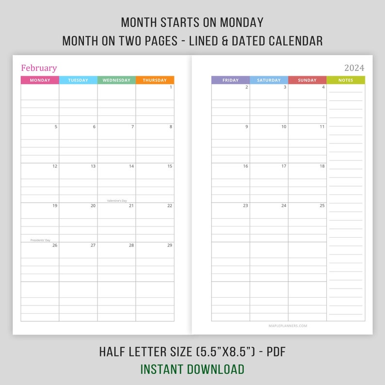 2024 Lined and Dated Monthly Calendar, MO2P Inserts, Planner Printable ...