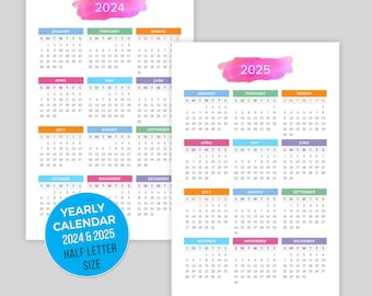 Printable Calendar 2024, 2025 Desktop Calendar, Yearly Wall Calendar, Year at a Glance, Yearly Planner, Yearly Organizer, Half Letter Size