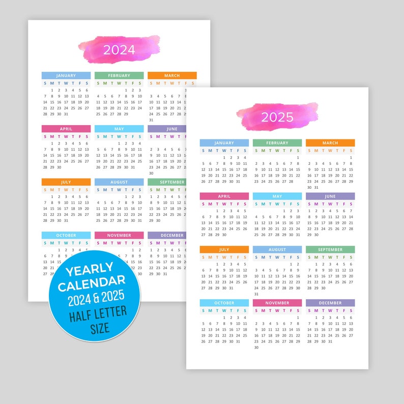 Printable Calendar 2024, 2025 Desktop Calendar, Yearly Wall Calendar