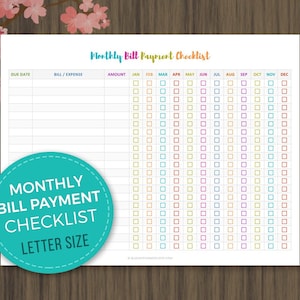 Monthly Bill Payment Checklist, Monthly Bill Tracker, Bill Payment Checklist Printable, Instant Download, Bill Payment Tracker