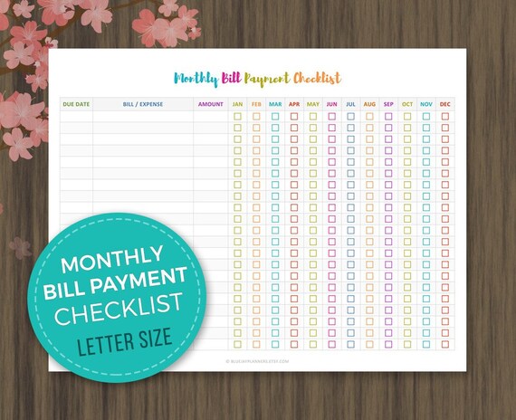 Monthly Bill Payment Checklist, Monthly Bill Tracker, Bill Payment Checklist Printable, Instant Download, Bill Payment Tracker