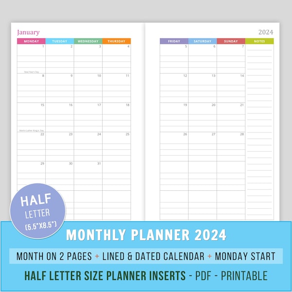 2024 Lined and Dated Monthly Calendar, MO2P Inserts, Planner Printable, Monday Start, Half Size Inserts, Junior Arc, Discbound, 5.5x8.5