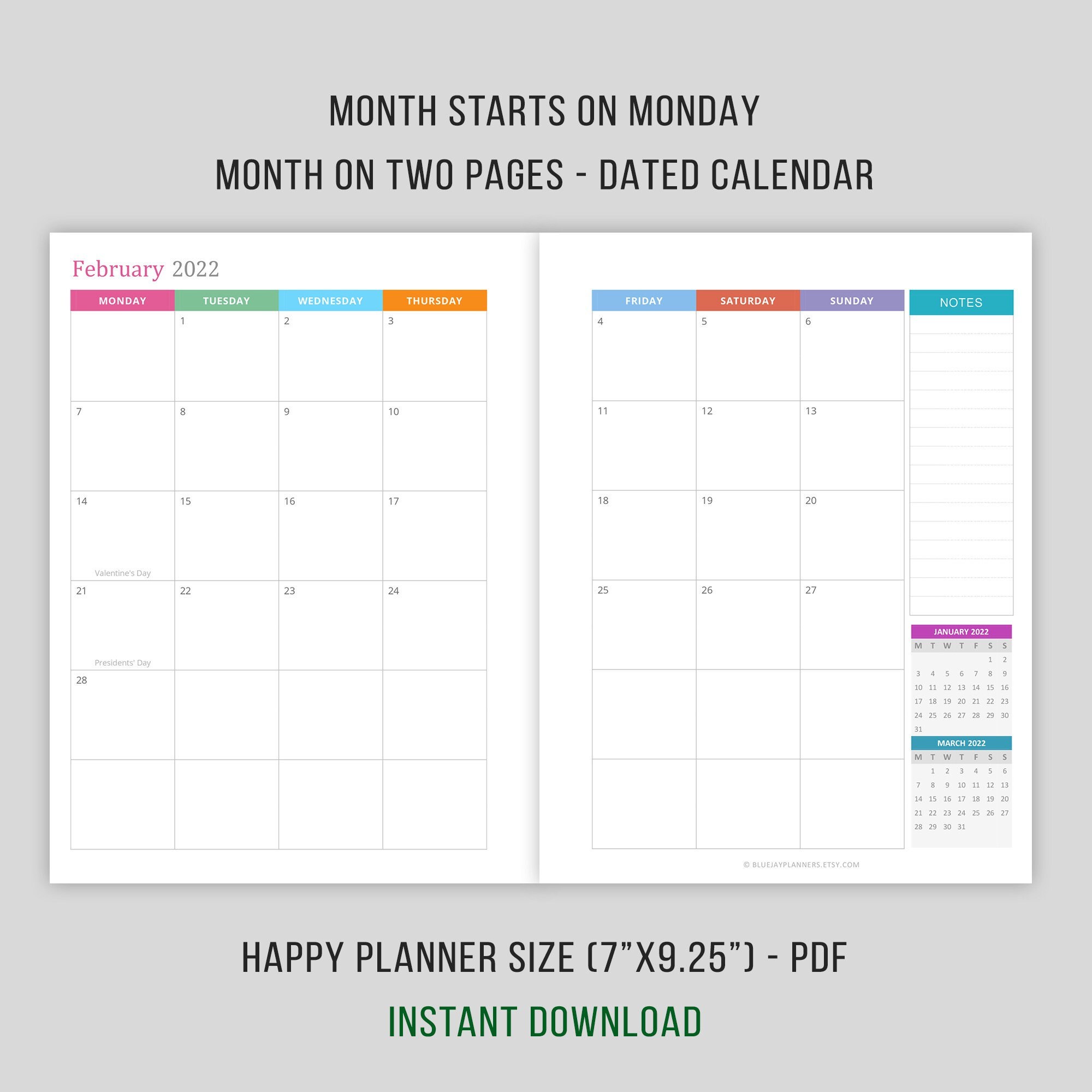 2022 Classic Happy Planner Monthly Calendar Inserts Instant Download