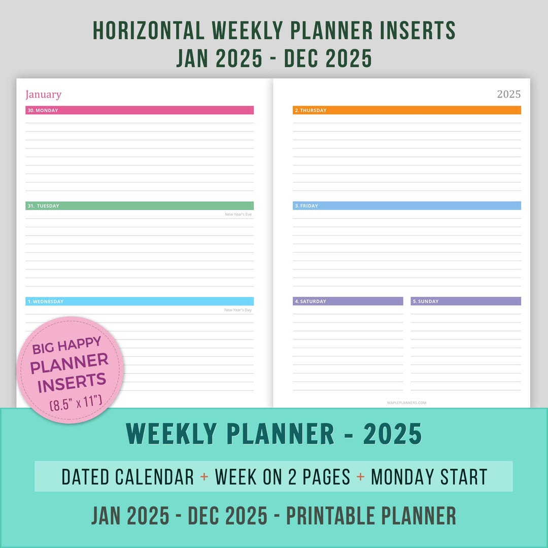 Weekly Planner 2025 Inserts Printable, Horizontal Layout Planner