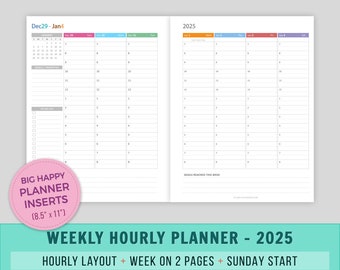 2025 Vertical Weekly Planner Printable, Big Happy Planner Inserts, Week on 2 Pages, Dated with Time Slots, WO2P, MAMBI Inserts, Sunday Start