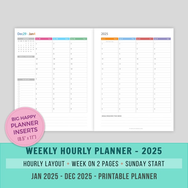 2025 Vertical Weekly Planner Printable, Big Happy Planner Inserts, Week on 2 Pages, Dated with Time Slots, WO2P, MAMBI Inserts, Sunday Start