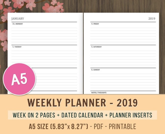 a5 weekly planner 2019 week on 2 pages wo2p 2019 weekly etsy weekly calendar planner