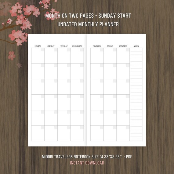 Midori TN Inserts, Undated Monthly Planner Printable, Month on 2 Pages,  MO2P, Midori Traveler Notebook, Regular TN, Midori TN, 4.33x8.25 - Etsy