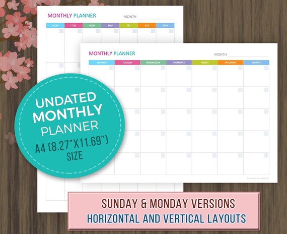 A4 Monthly Planner Printable Monthly Calendar Template A4 - Etsy