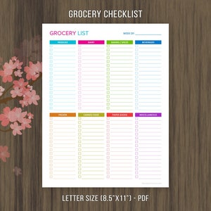 May include: A printable grocery checklist with a colorful design. The checklist is divided into sections for produce, dairy, baking/spices, beverages, frozen, canned food, paper goods, and miscellaneous. Each section has a list of blank checkboxes for writing in grocery items.