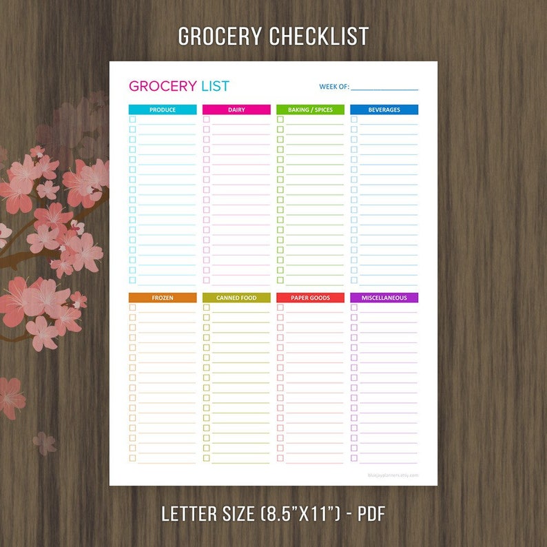 May include: A printable grocery checklist with a colorful design. The checklist is divided into sections for produce, dairy, baking/spices, beverages, frozen, canned food, paper goods, and miscellaneous. Each section has a list of blank checkboxes for writing in grocery items.