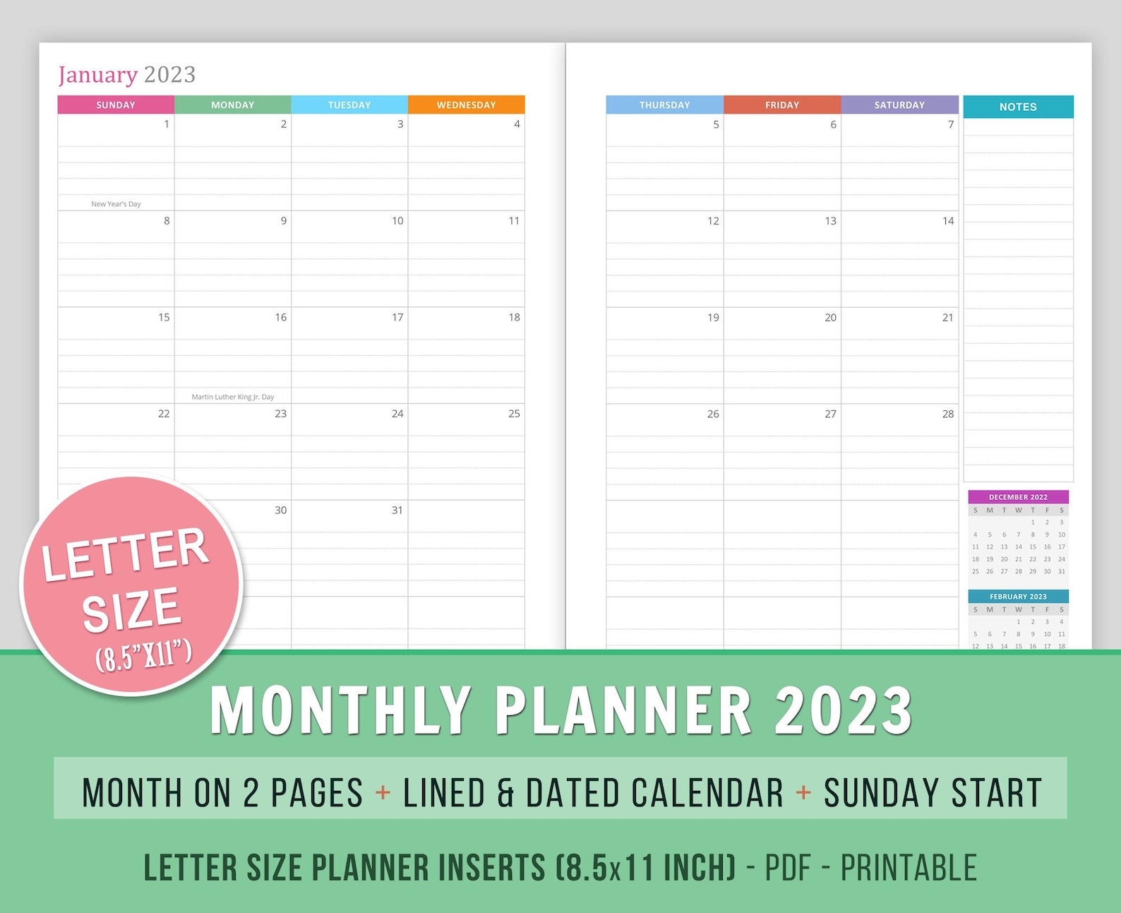 2023 Monthly Planner Inserts Printable Month on 2 Pages MO2P Etsy