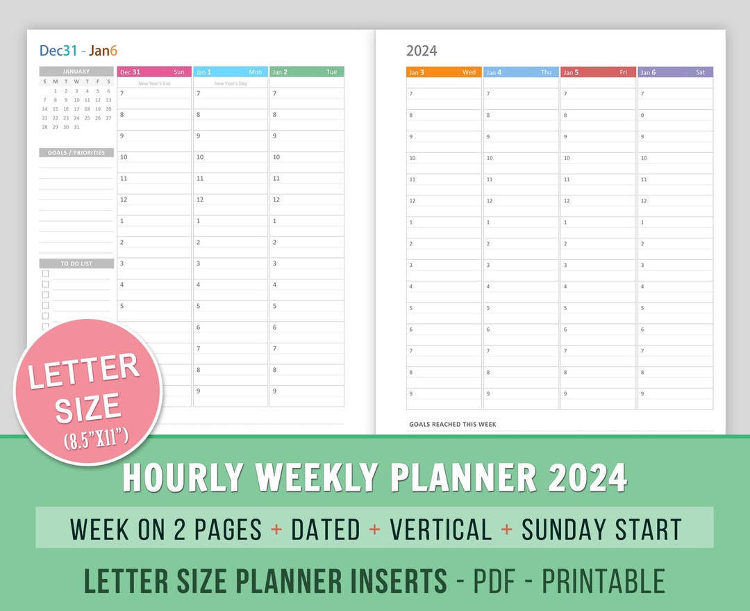2024 Hourly Weekly Planner Inserts Printable, Weekly Agenda, WO2P