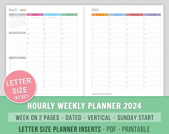 2024 Hourly Weekly Planner Inserts Printable, Weekly Agenda, WO2P, Vertical Layout Planner Pages, Letter Size, Week on 2 Pages, Sunday Start