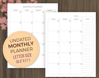 Monthly Planner Template, Planner Inserts, Undated Monthly Calendar, Month on 2 Pages, mo2p, Monthly Goals. Monthly Agenda, Letter, 8.5x11