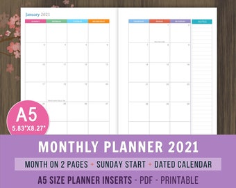 5.83 x 8.27 inches December 2021 Monthly Sunday Start January 2021 A5 2021 Month on 2 Pages calendar planner deluxe refill 