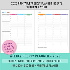 Puede incluir: Insertos de planificador semanal imprimibles para 2026 con diseño vertical. El planificador incluye un calendario del 29 de diciembre al 4 de enero de 2026 y un planificador semanal para la semana del 5 al 11 de enero de 2026. El planificador está diseñado para usarse con un planificador estándar de 8,5 x 11 pulgadas.