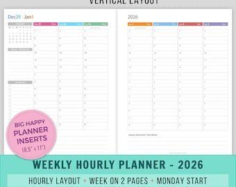 Planificador semanal vertical imprimible 2026, insertos Big Happy Planner, semana en 2 páginas, fechado con franjas horarias, WO2P, insertos MAMBI, inicio en lunes