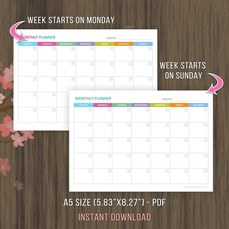 a5 undated monthly planner printable monthly calendar etsy