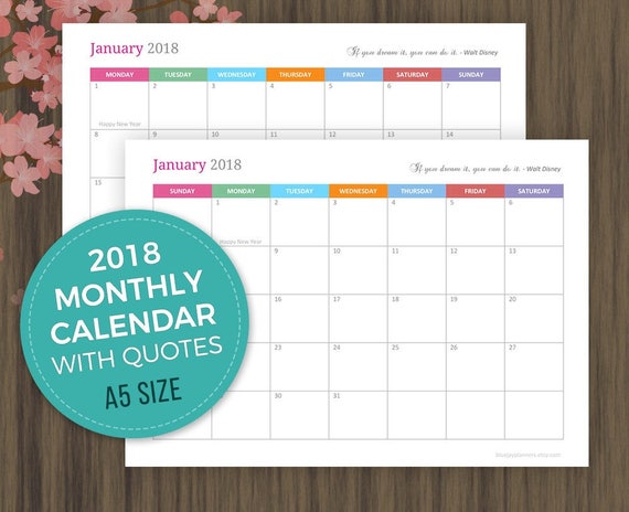 A5 Monthly Calendar 2018 Planner Printable Monthly Agenda Etsy