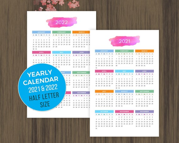 Printable Calendar 2021 2022 Desktop Calendar Yearly Wall Etsy