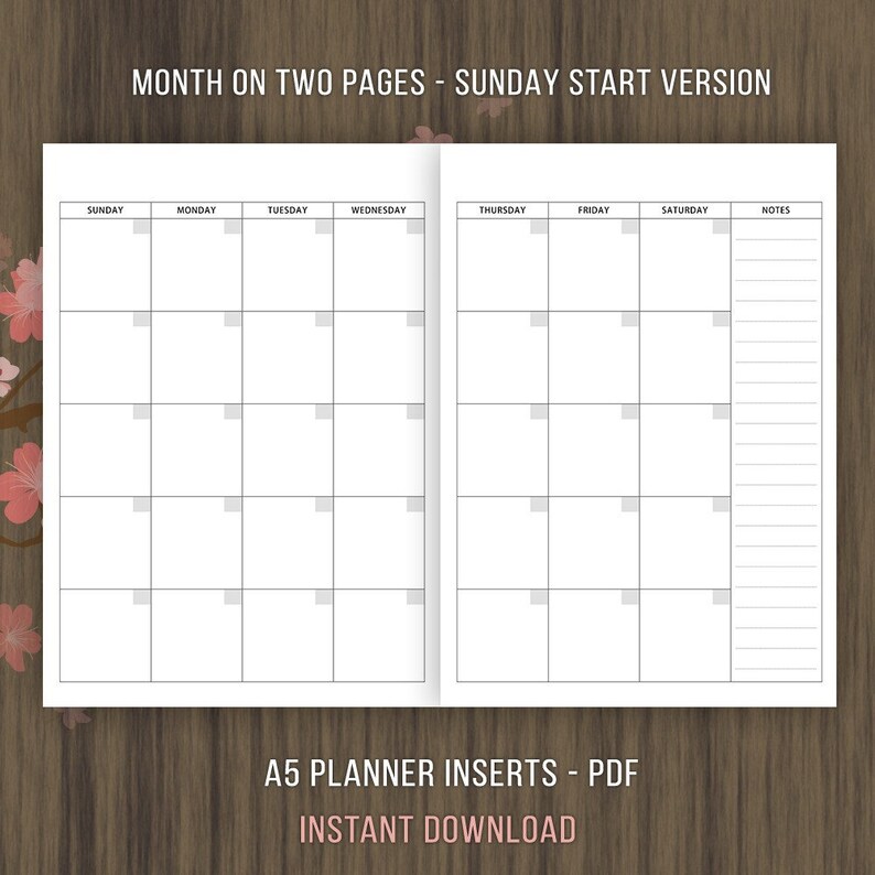 TN A5 Monthly Planner Inserts Travelers Notebook Inserts Etsy