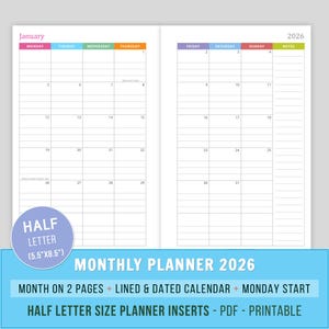 May include: A two-page spread of a 2026 monthly planner. The left page is for January, with a grid layout and color-coded headers. The planner includes the text "HALF LETTER (5.5"X8.5")" and "MONTHLY PLANNER 2026".