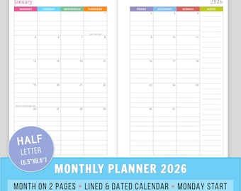 2026 Gevoerde en gedateerde maandkalender, MO2P-inzetstukken, planner afdrukbaar, maandagstart, inlegvellen half formaat, Junior Arc, ingebonden, 5,5 x 8,5