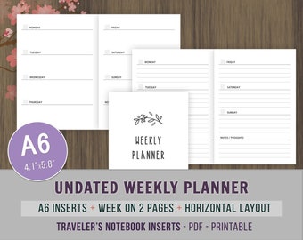 A6 Travelers Notebook, Weekly Planner Inserts, Undated Weekly Calendar Printable, Week on 2 Pages, WO2P Refill, A6 TN Inserts, Weekly Agenda