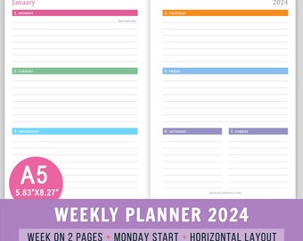 A5 Weekly Planner 2024 Inserts Printable, Horizontal Layout Planner, Weekly Organizer, wo2p, 5.83x8.27, Instant Download