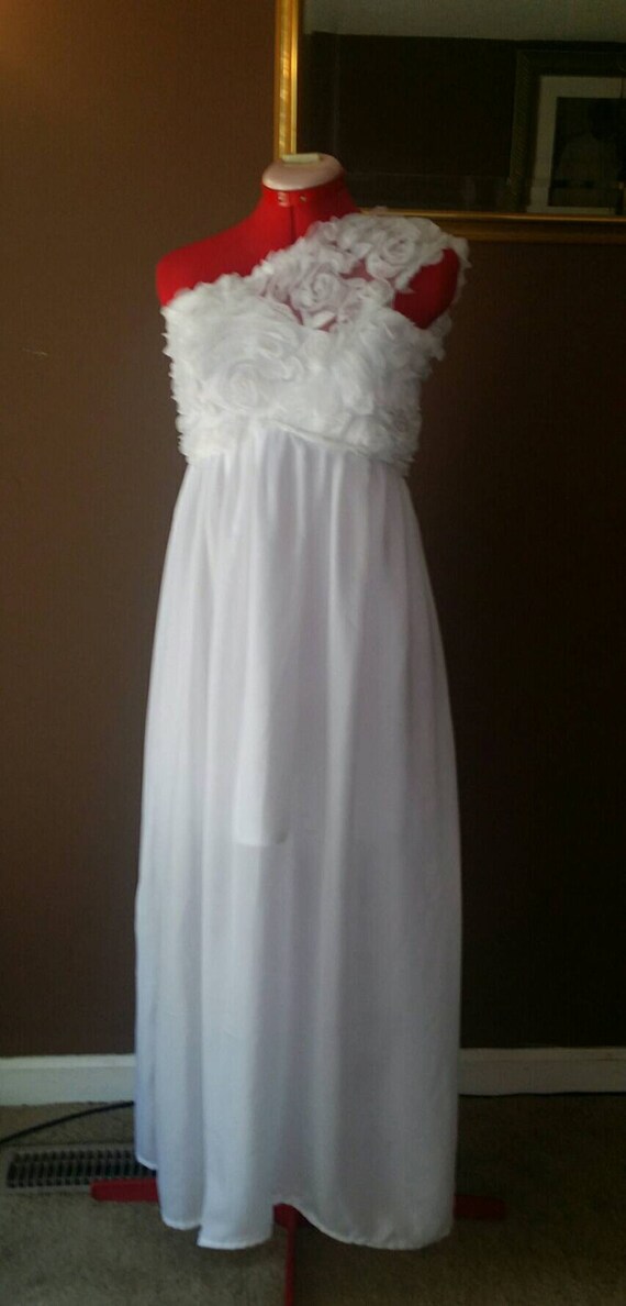 Beautiful White Rosette and Chiffon One Shoulder Goddess Dress.