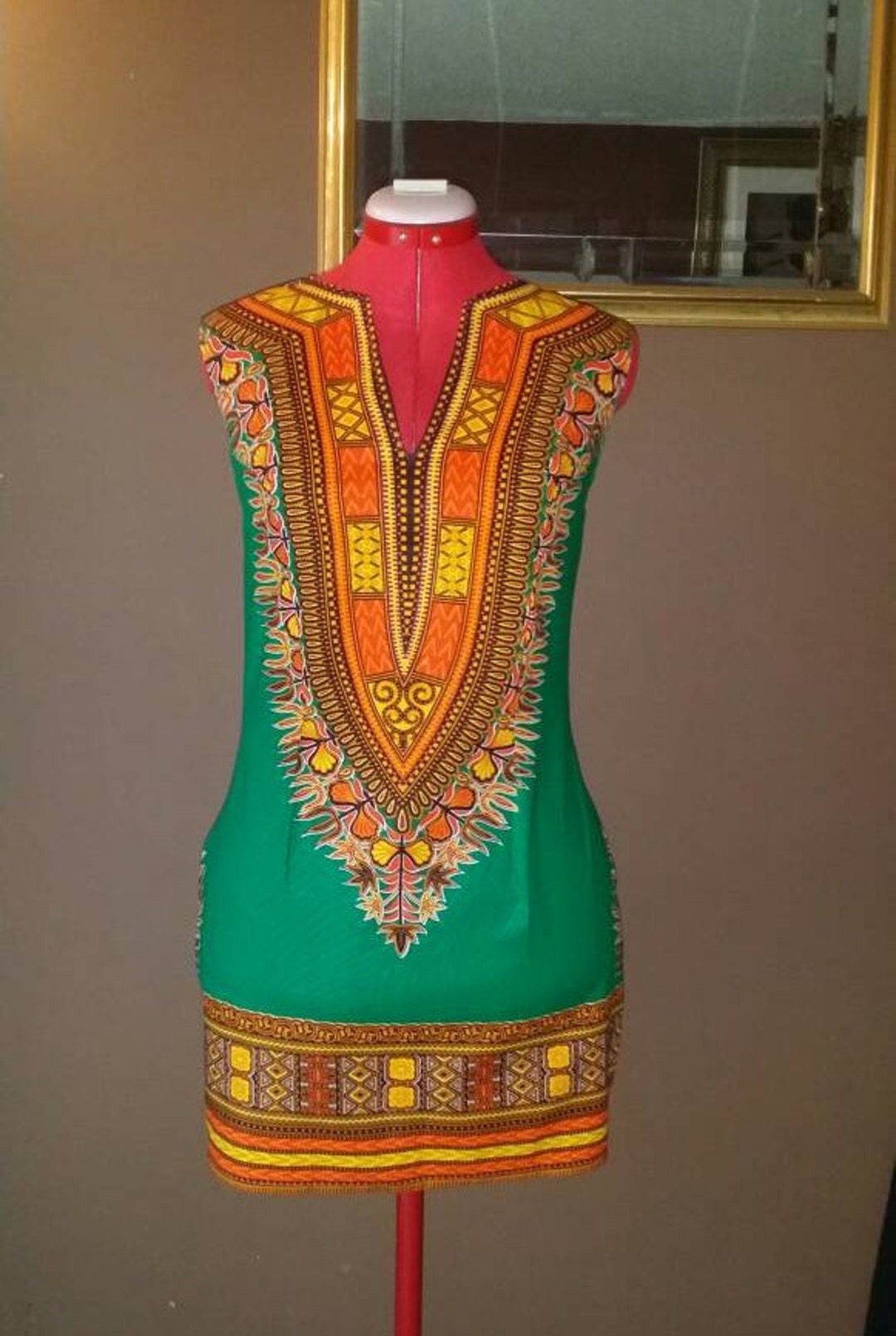 Handmade Green African dashiki print dress.